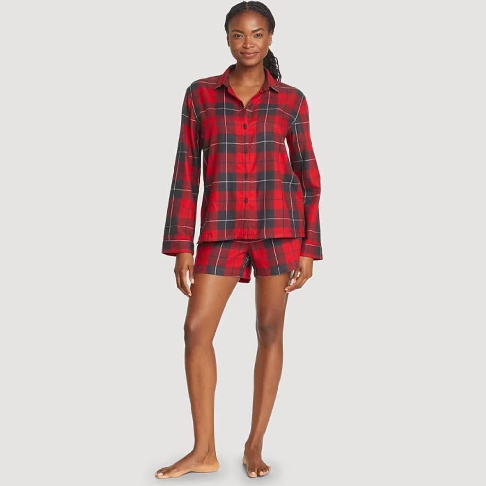 Eddie Bauer Red Navy Plaid Women's Soft Flannel Classic Shirt Shorts Sleep Set